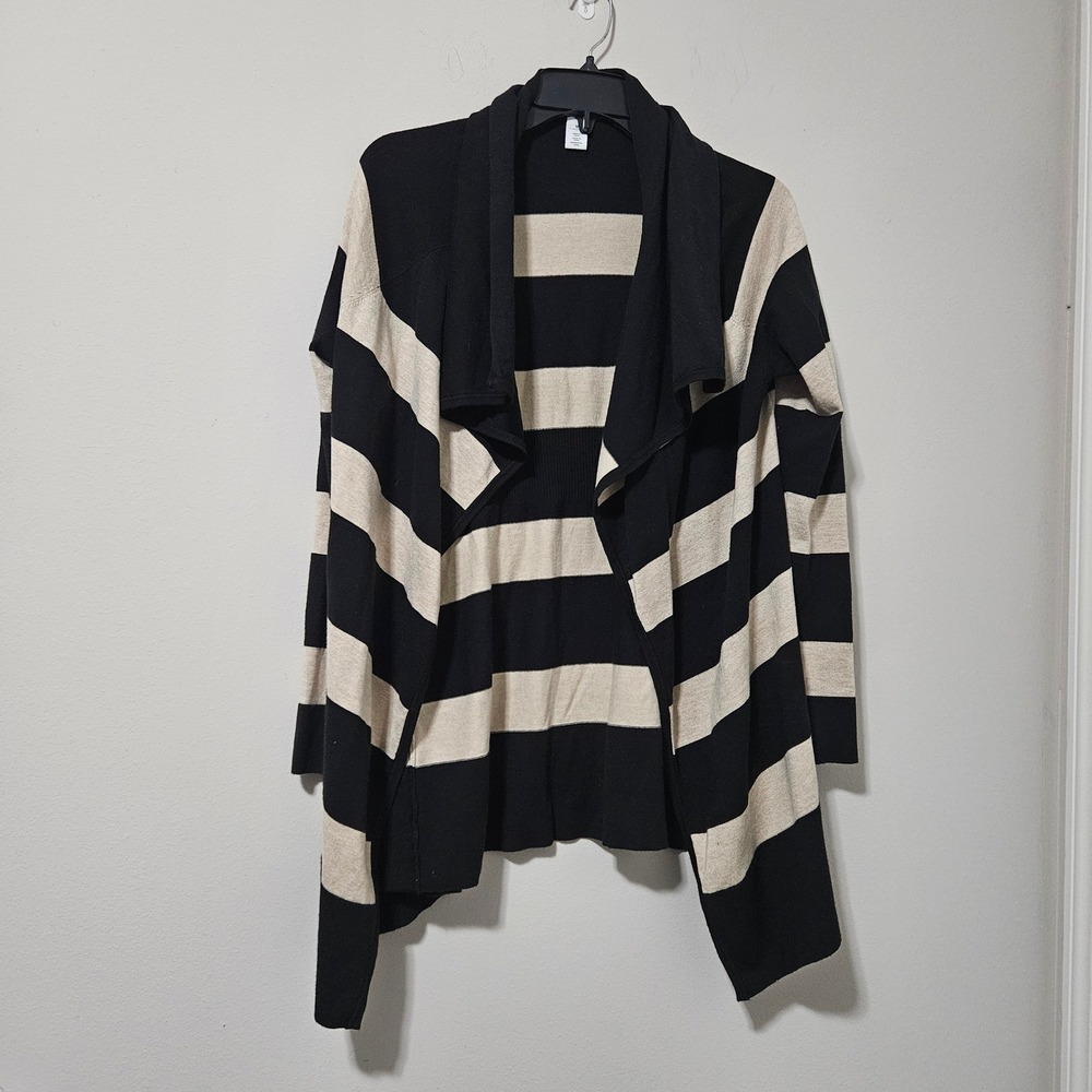 White House Black Market Striped Open Front Cardigan Black Beige Medium‎